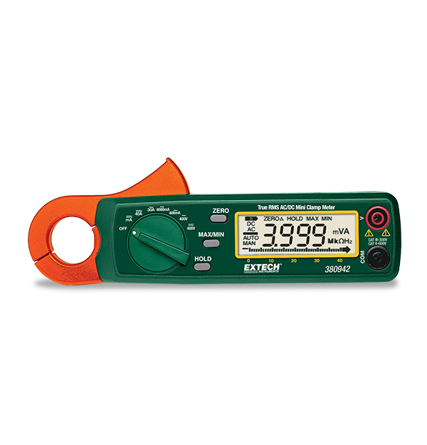 Extech 380942 30A True RMS AC/DC mini clamp meter resolving to 0.1 mA for leakage current detection