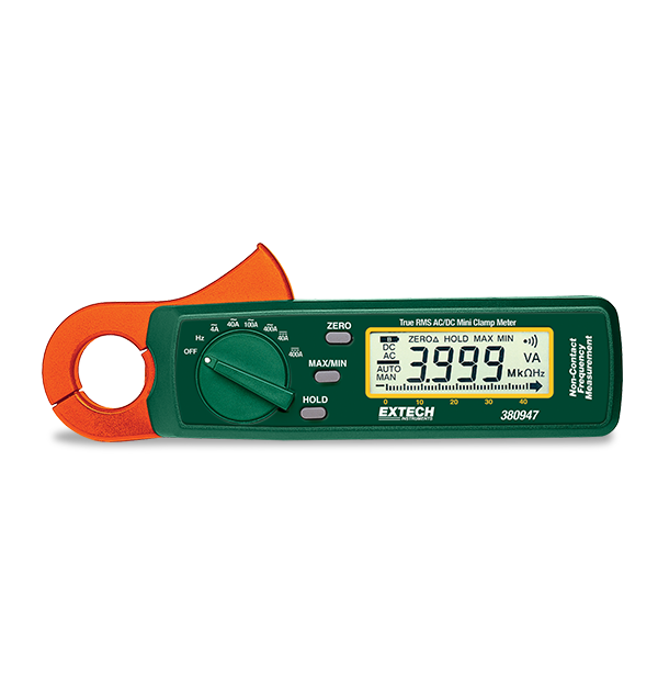 Extech 380947 400A True RMS AC/DC mini clamp meter with slim 23 mm jaw for tight enclosures