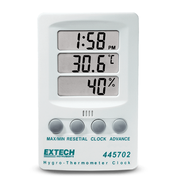 Extech 445702 hygro-thermometer clock with triple display for time, temperature and humidity