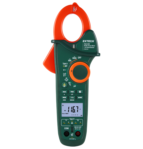 Extech EX623A 600A dual input clamp meter with infrared thermometer, dual Type K thermocouples and NCV detector