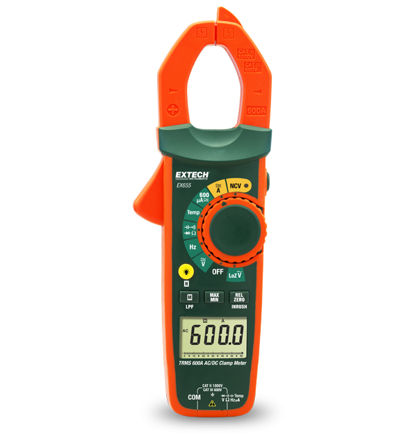 Extech EX655 600A True RMS AC/DC clamp meter with low pass filter, LED worklight and 6000 count backlit display