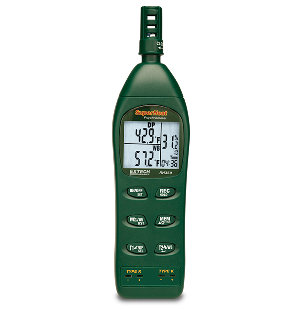 Extech RH350 dual input hygro-thermometer psychrometer with two Type K probe inputs