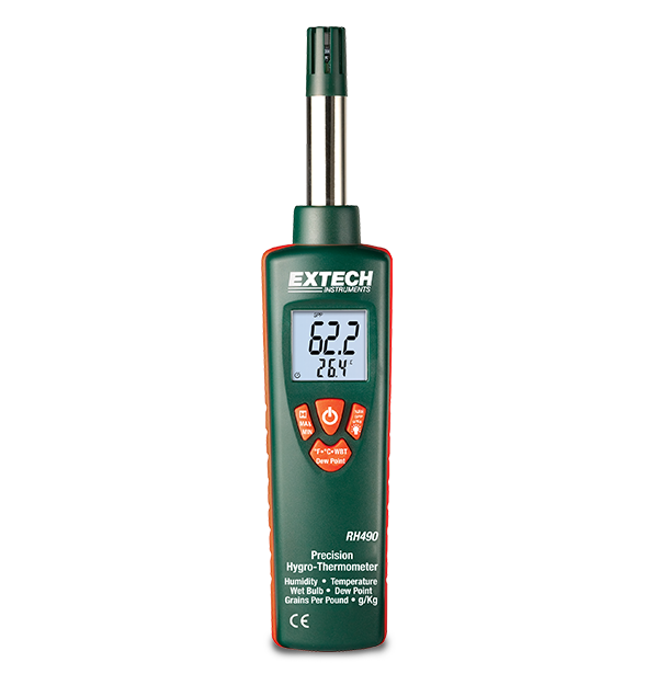 Extech RH490 precision hygro-thermometer with dual backlit display showing humidity and dew point