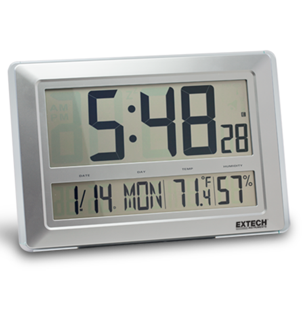 Extech CTH10A large-digit wall clock hygro-thermometer showing time, date, temperature and humidity